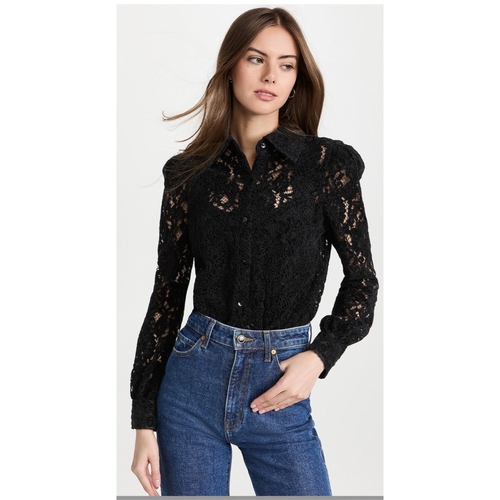 L'AGENCE Jenica Lace Blouse Black Floral Button Up Long Sleeve Top Medium